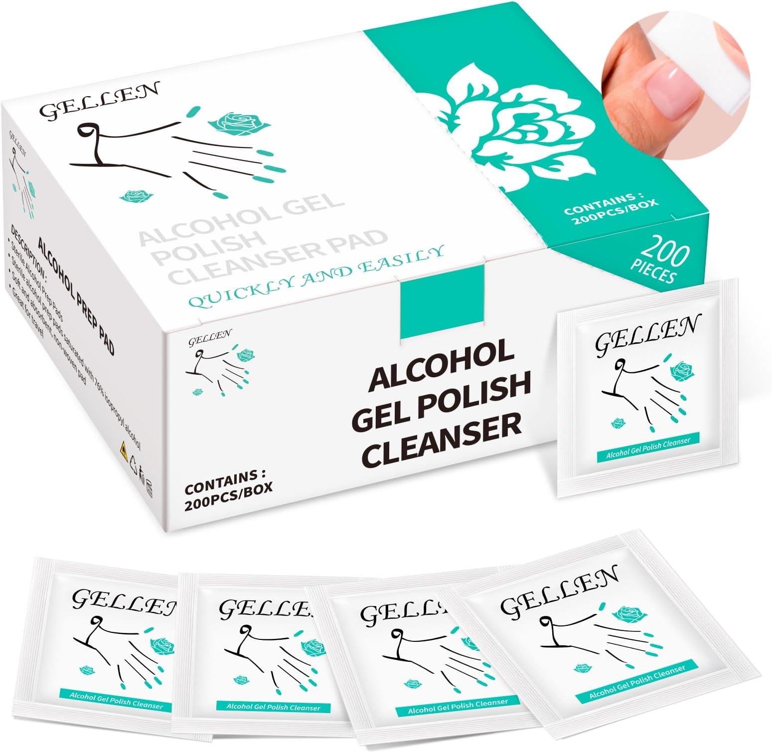 Nail Cleanser Pads, 200 Pack Alcohol Prep Pads Nail Cleanser Wipes Remove Tacky Residue, Lint-free Glossy Wipes for Acrylic/Builder/Gel Polish Travel Individually Wrapped for Perfect Manicure