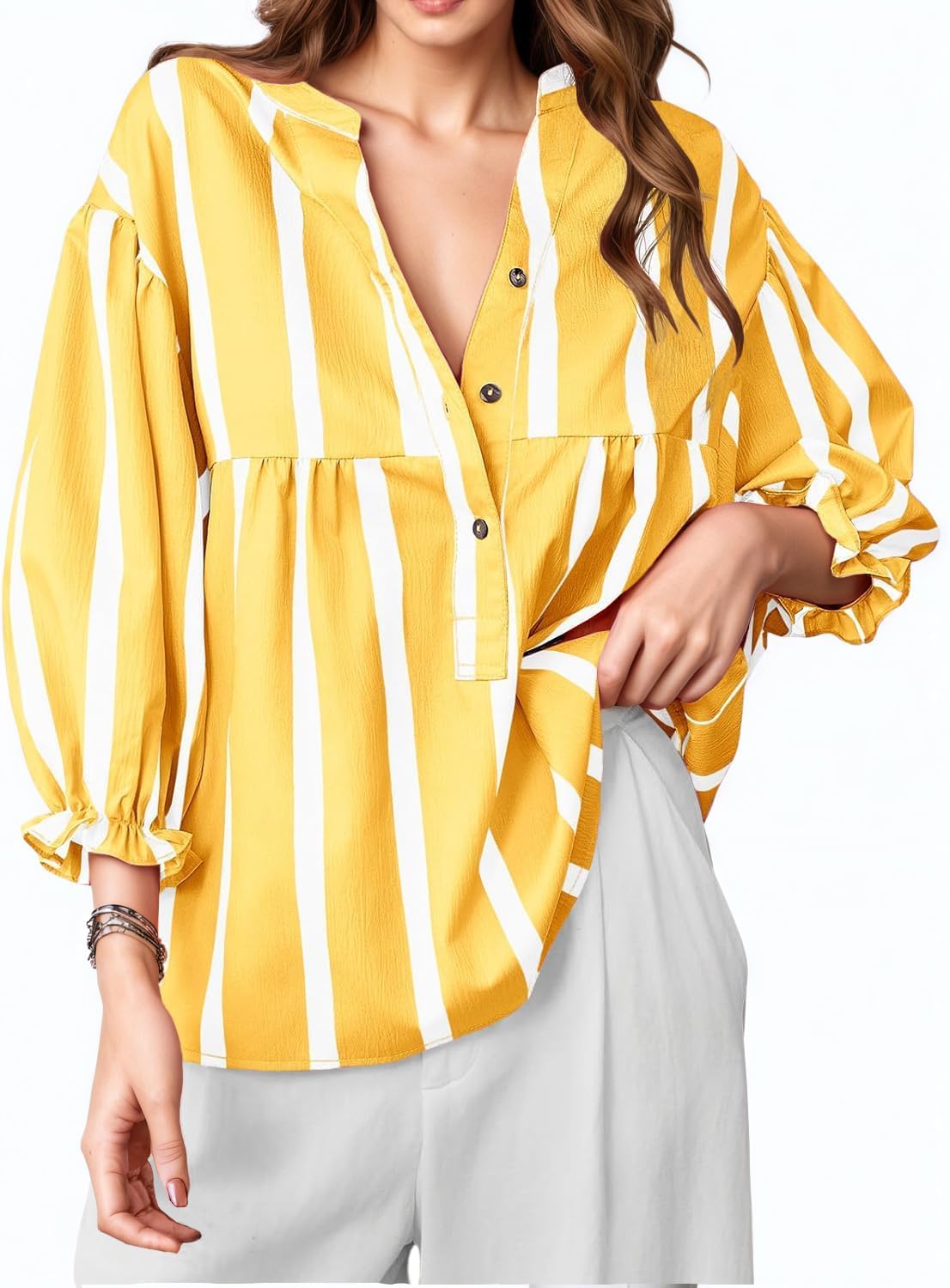 LAYOGAS Womens 3/4 Length Sleeve Babydoll Top Casual V Neck Striped Blouses Loose Fit Flowy Button Down Shirts - Image 3