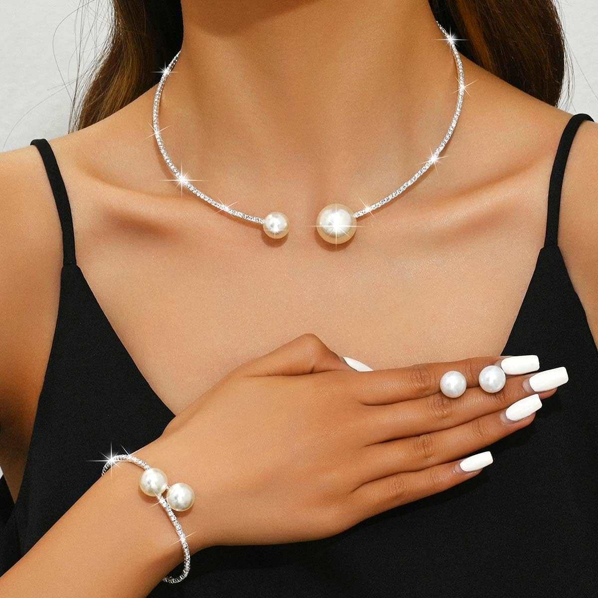 Nicute Pearl Bridal Wedding Jewelry Set Silver Rhinestone Necklace Bracelet Set Prom Necklaces Jewelry Accessories for Women - Image 2