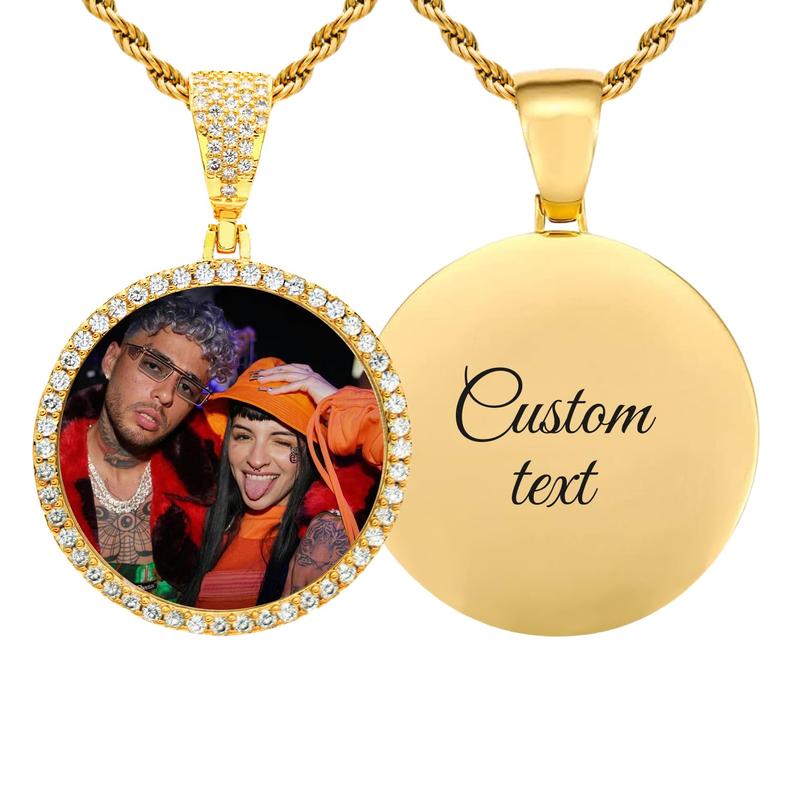 YOUNIFLARE Custom Oversized Large Round Picture Necklace Personalized Photo with Cubic Zirconia - Large Picture Pendant Necklace - Iced Out Necklce