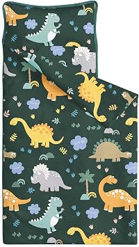 Wake In Cloud - Toddler Nap Mat with Pillow and Blanket, 100% Cotton Fabric, for Kids Boys Ages 3 Plus in Daycare Kindergarten Preschool, Roll Up Sleeping Bag, Cute Dinosaurs
