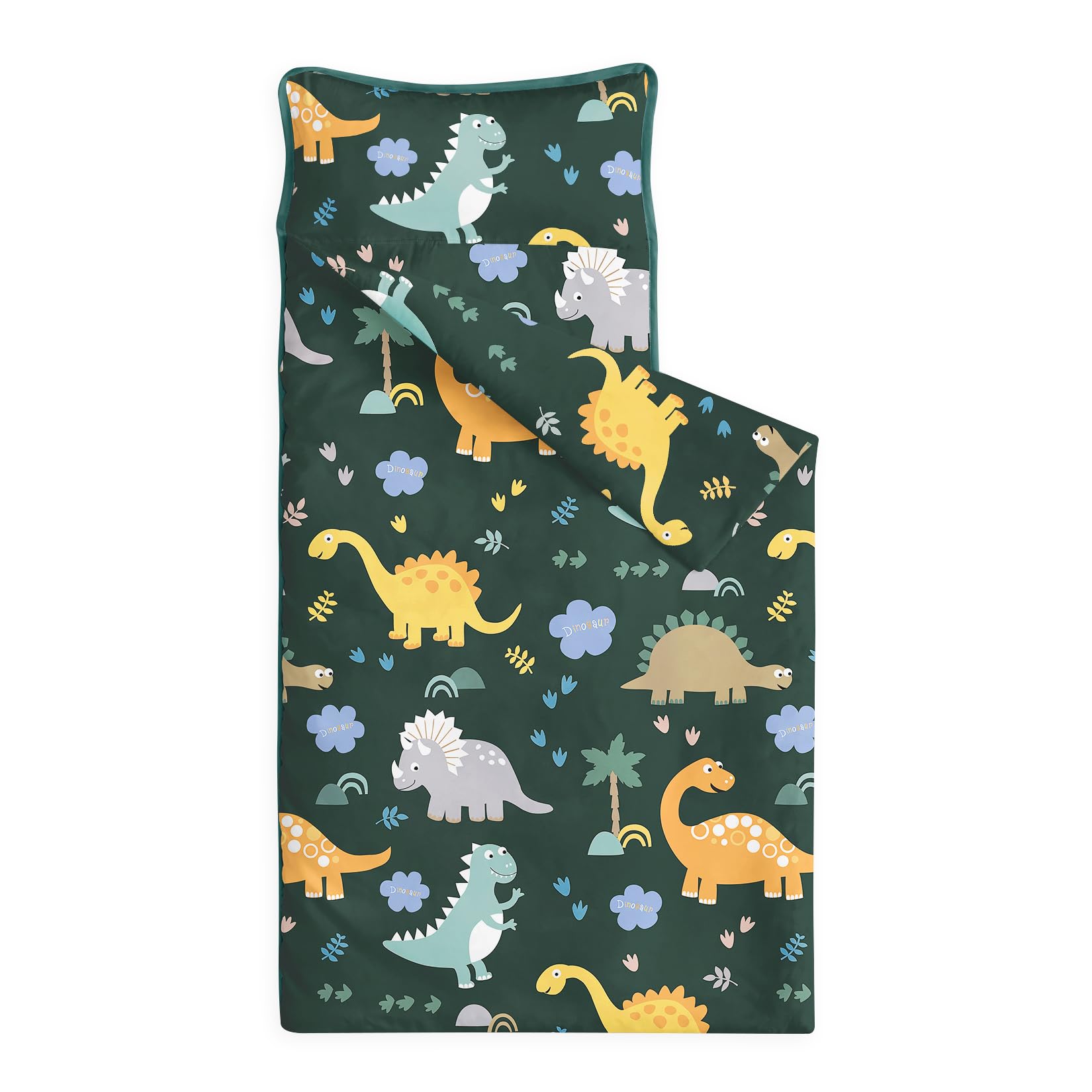 Wake In Cloud - Toddler Nap Mat with Pillow and Blanket, 100% Cotton Fabric, for Kids Boys Ages 3 Plus in Daycare Kindergarten Preschool, Roll Up Sleeping Bag, Cute Dinosaurs
