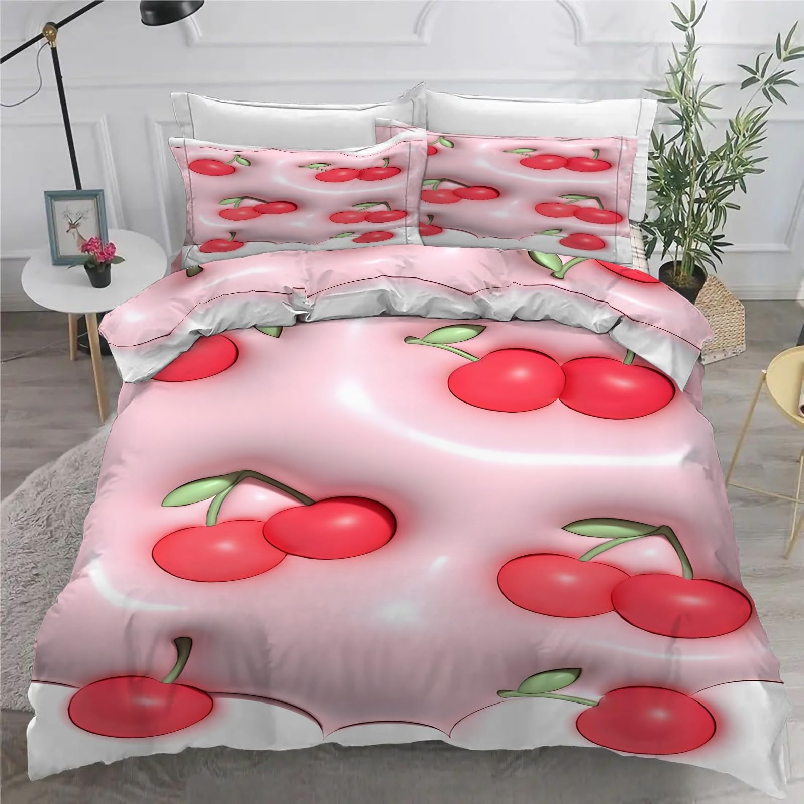 Red Cherry King Size poszewka na kołdrę, różowa pościel, poszewka na kołdrę z mikrofibry. Miękka i luksusowa, zapięcie na zamek błyskawiczny, odpowiednia dla nastolatków i dorosłych AN773