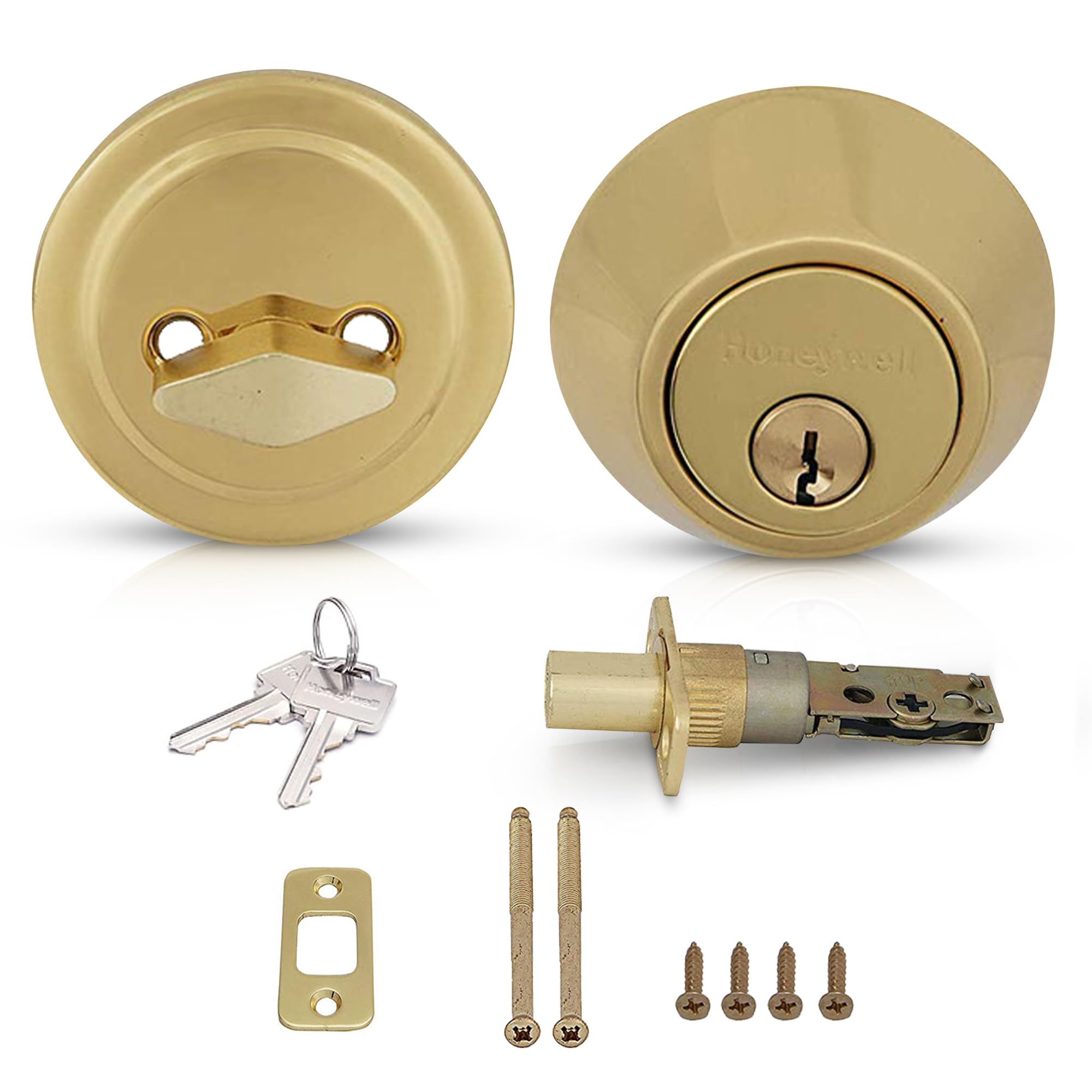 Honeywell Safes & Door Locks - Single Cylinder Front Door Deadbolt Lock Set - Anti-Bump Resistant Dead Bolt Lock for Exterior Doors with 2 Entry Keys - Polished Brass - 3 x 5 x 8.5 in - 8111009