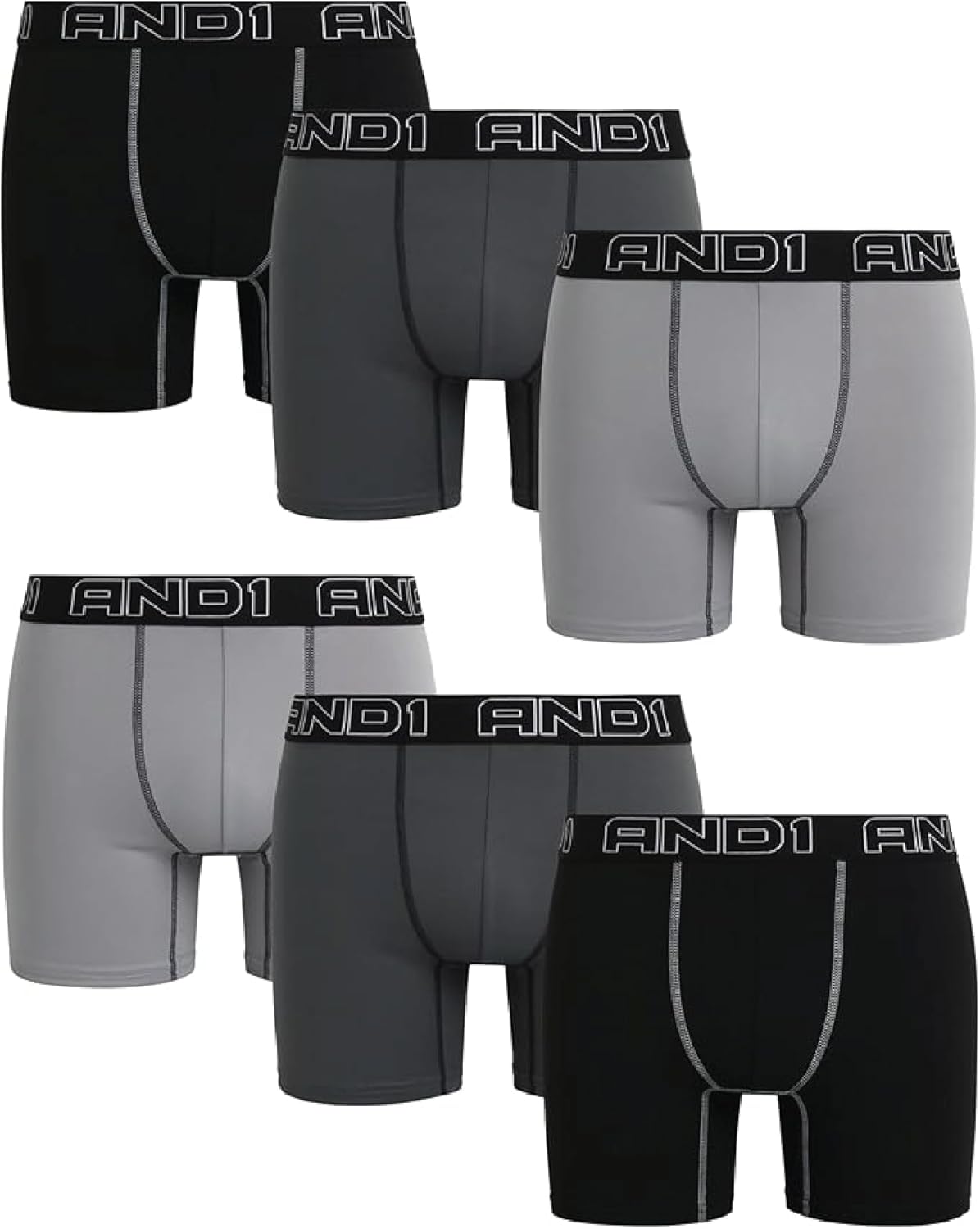 AND1 Mens Boxer Briefs - 6 Pack Sport Soft Performance Compression Underwear Boxers for Men with Contour Pouch, 6" Inseam