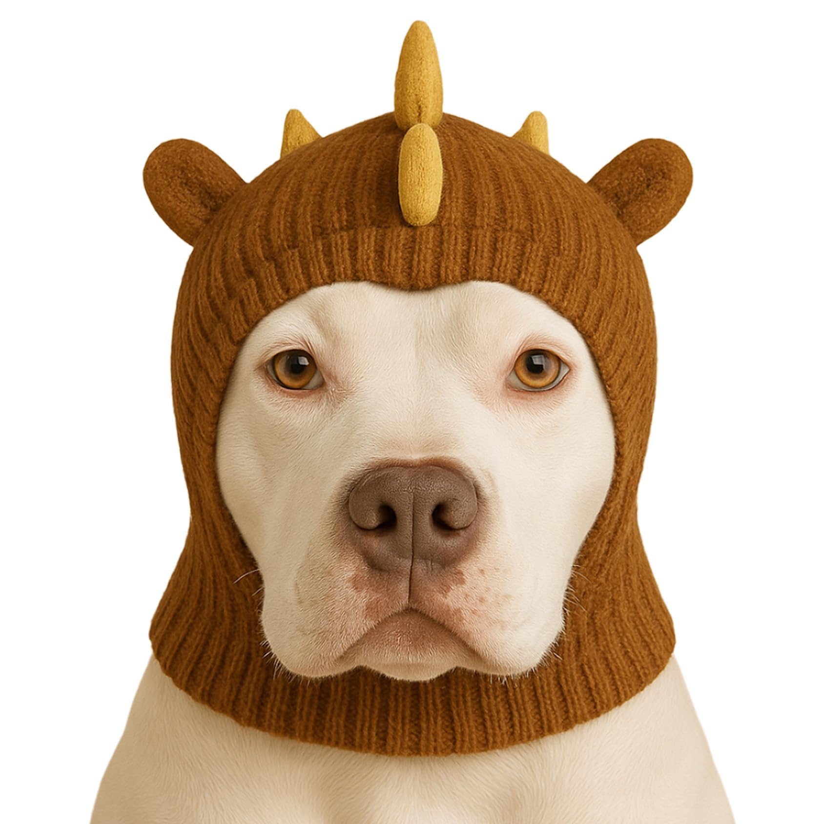 LovinPet Dinosaur Dog Hat Snood for Medium & Large Dogs, Dino Costume Ear & Neck Warmer, Soft 4‑Way Stretch Knit, Adjustable Fit, One Size,Brown