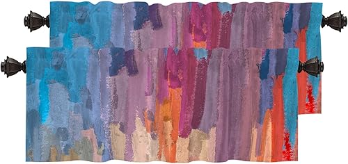 BaoNews Cenefas de cocina de pintura al óleo abstracta azul para ventanas, cenefas opacas de arco iris de arte naranja, cortinas opacas de poliéster