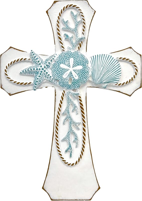 AMAJY Coastal Nautical Spiritual Wall Cross with Starfish, Coral, and Sea Shell Design, Beach House Decor, White Resin Religious Wall Art, Decorative Gift for Ocean Lovers and Coastal-Themed Homes