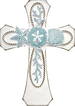 AMAJY Coastal Nautical Spiritual Wall Cross with Starfish, Coral, and Sea Shell Design, Beach House Decor, White Resin Religious Wall Art, Decorative Gift for Ocean Lovers and Coastal-Themed Homes