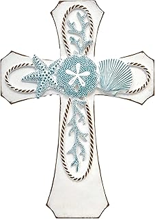 AMAJY Coastal Nautical Spiritual Wall Cross with Starfish, Coral, and Se...