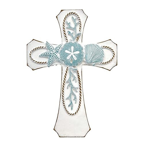 AMAJY Coastal Nautical Spiritual Wall Cross with Starfish, Coral, and