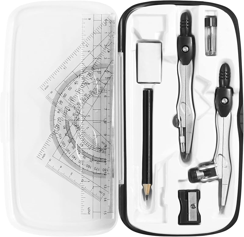 Vobou Math Geometry Sets 10 Pcs, Student Supplies Kit, for School (Black) | Shatterproof Storage Box,Includes Rulers,Protractor,Compass,Eraser,Pencil Sharpener,Lead Refills,Pencil, for Drafting