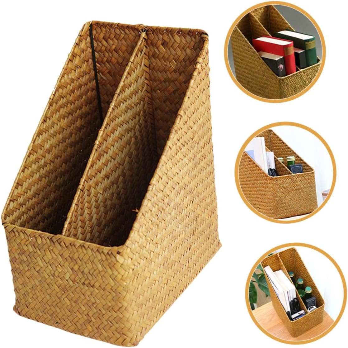 Cabilock Boho Style Woven Document Storage Basket under Desk Organizer Straw Magazine Rack for Office File Holder Dividers