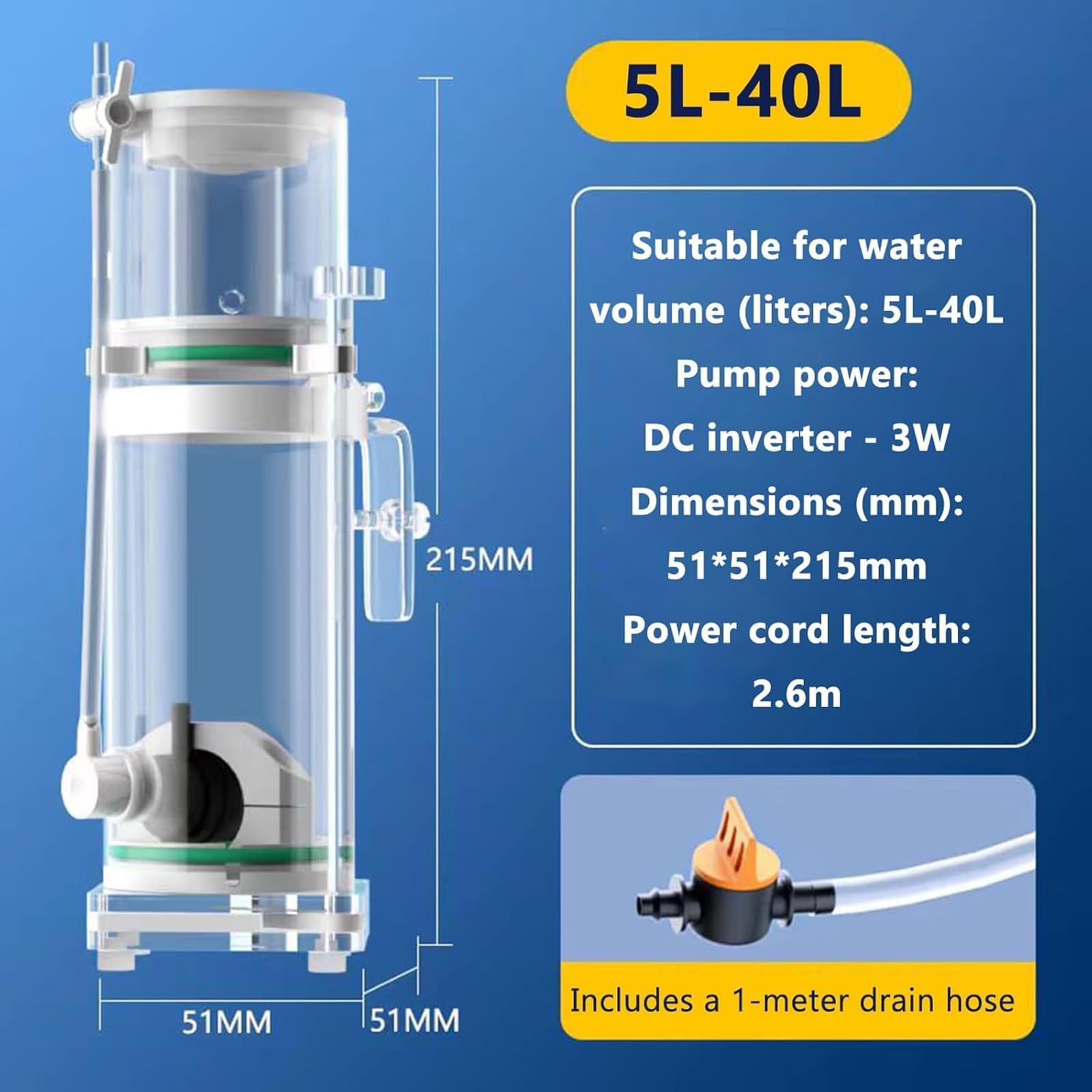Schiumatoi Proteici per Acquari Marini, Schiumatoio di Superficie per Acqua Dolce, Bolla Regolabile, Pompa dell'Acqua Inverter da 3 W CC, con Tubo di Scarico da 1 M, per Vasche