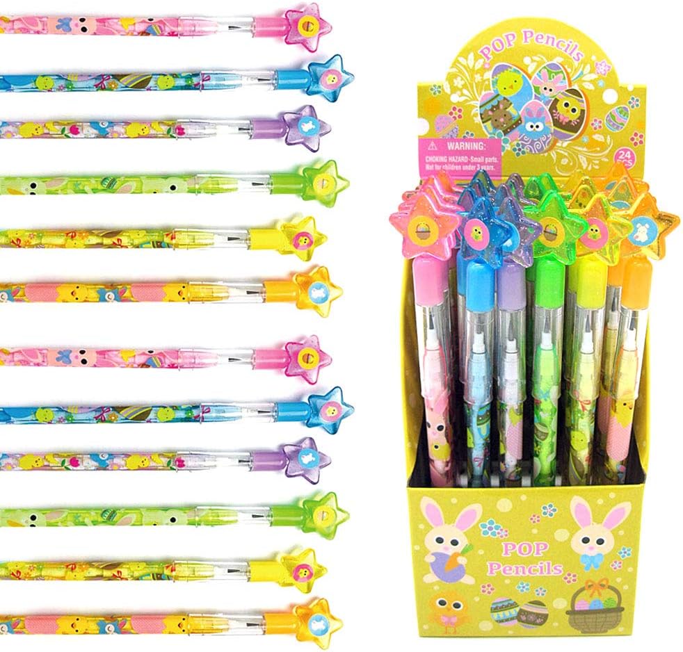Tiny Mills 24 Pcs Multi Point Stackable Push Pencil Assortment with Eraser for Easter Party Favor Prize Carnival Goodie Bag Stuffers Classroom Rewards Pinata Basket Fillers