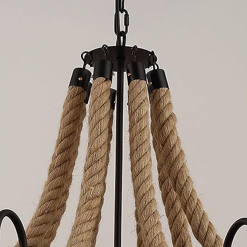 Miniatura 6 de Flhonudi Lámpara colgante industrial de 12 luces, lámpara de cuerda de cáñamo, rueda de carro, de metal negro, estilo cuello de cisne, lámpara de