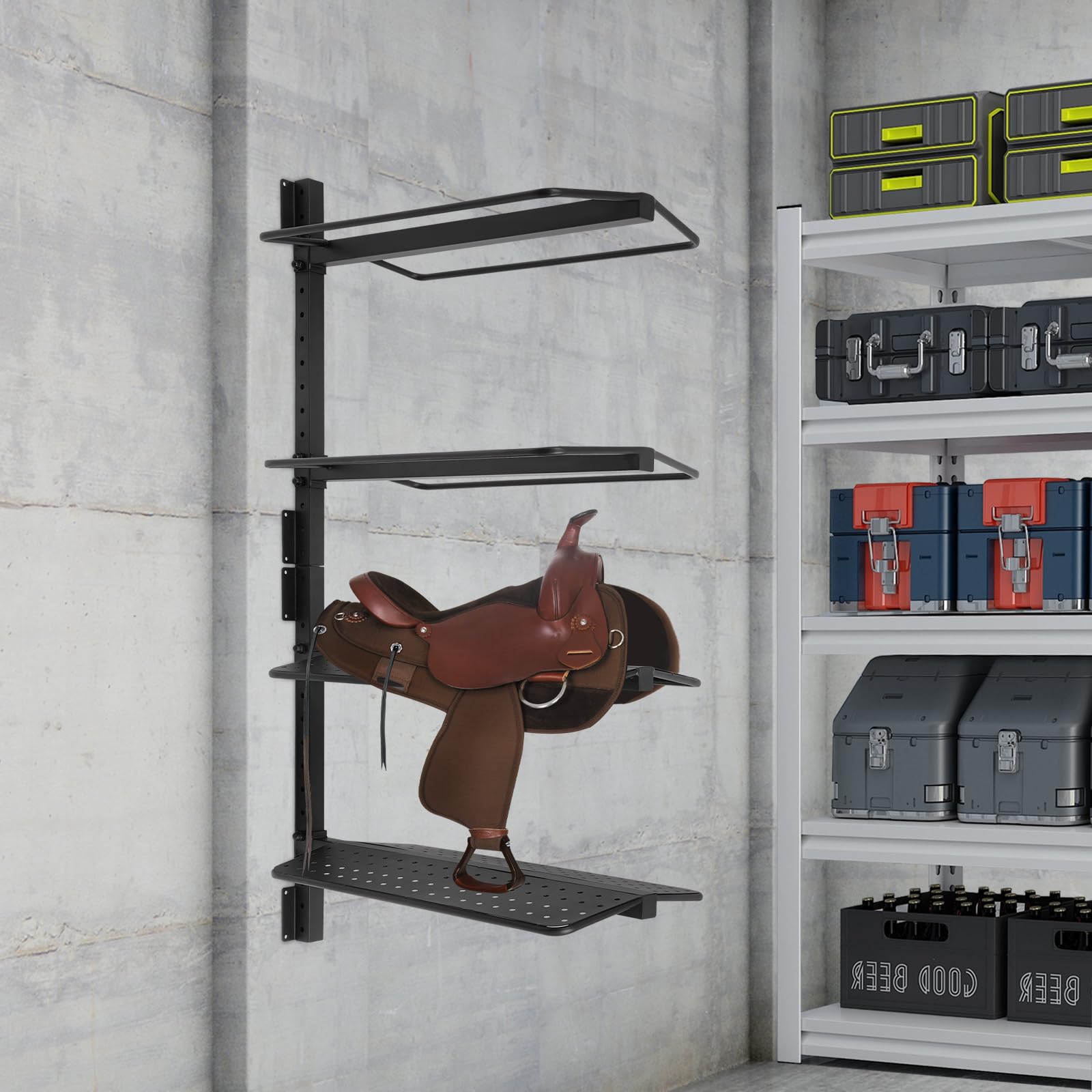 DreamRcoach Saddle Rack, 4 Tier Wall Mount Saddle Rack, Adjustable Metal Saddle Storage Rack for Storing Saddles, Saddle Pads, Horse Blanket(Black)