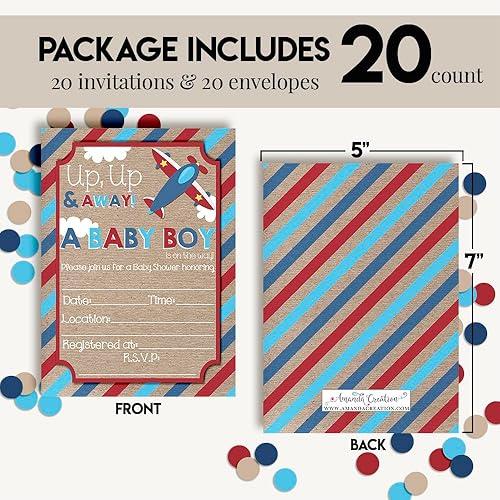 Miniatura 4 de Up & Away Airplane Baby Shower Invitaciones para niños, 20 tarjetas de relleno de 5 x 7 con veinte sobres blancos por AmandaCreation