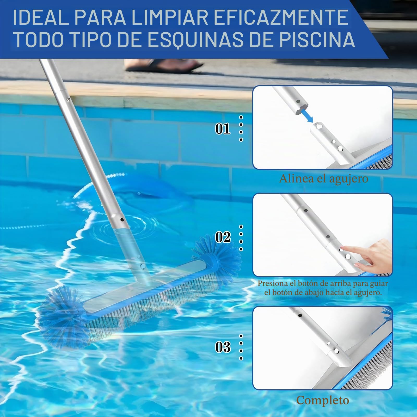 LALAGO Cepillo Piscina, Cepillo de Limpieza de Piscina, con Mango de Aluminio, Cepillo de Limpieza, Cepillo para Limpiar Fondo, Cepillo de Pared para Pared y Suelo de Piscina