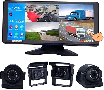 4K AHD 1080P Backup Camera System 10.36" 4-Split Touch Screen DVR Monitor + 4 x Front Rear Side View Parking Back Up Reversing Wired Camera for RV Bus Truck Trailer 5th Wheel