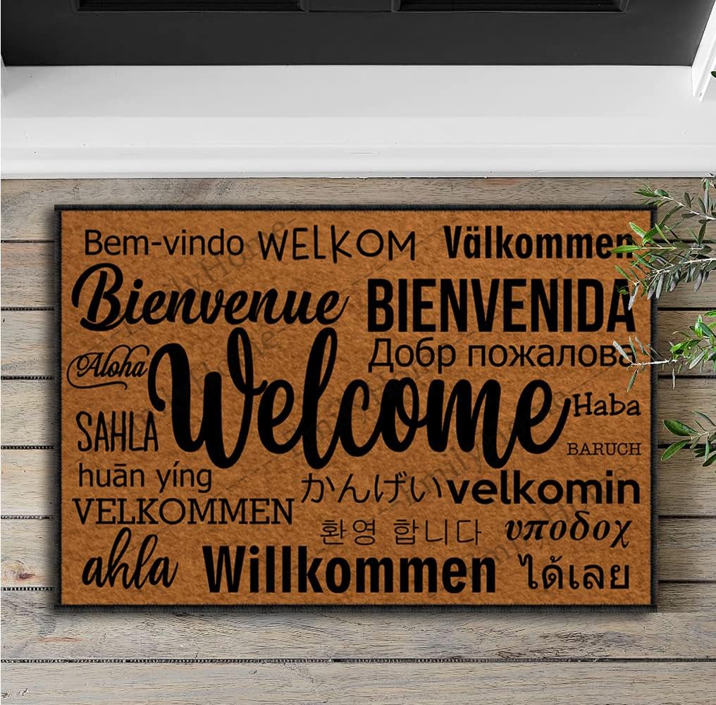 Front Door Mat Indoor Entrance Rugs Indoor, Welcome in Different Languages Summer Door Mat Doormat Outdoor Entrance Funny Door Mats 23.6X15.7 Inch