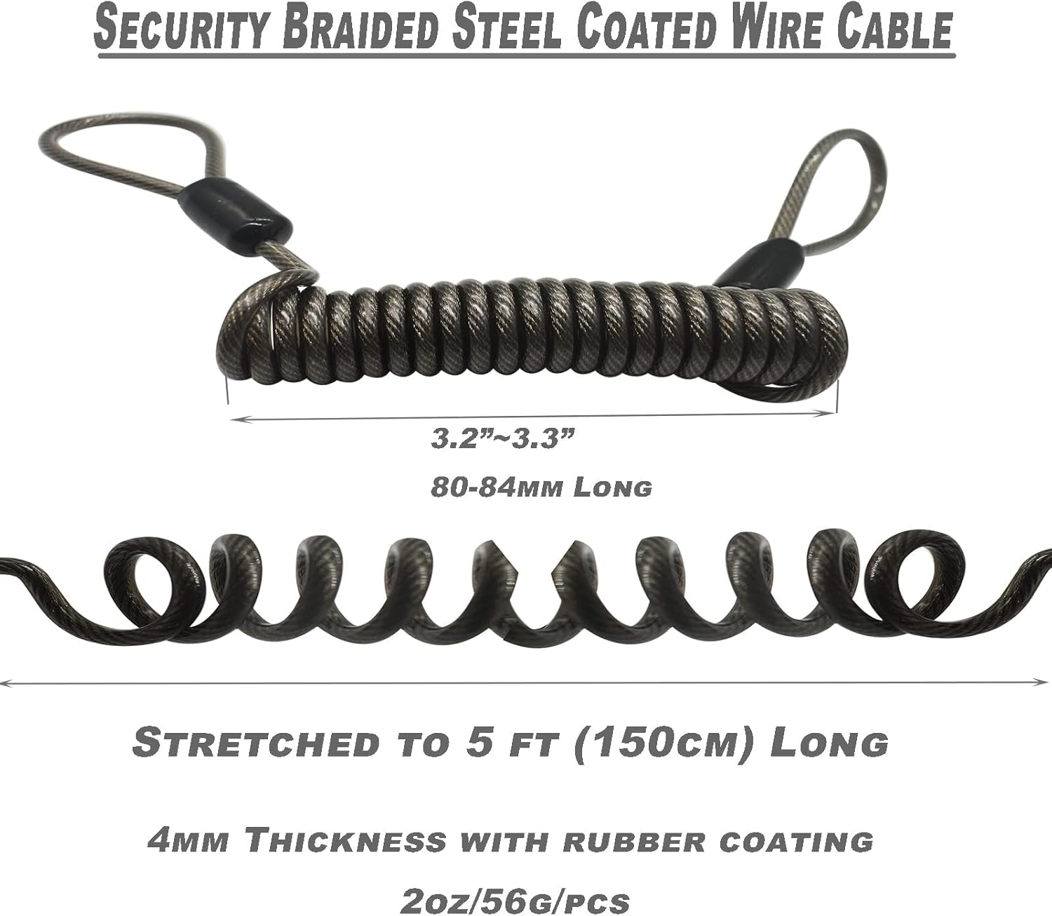 4 pcs Stainless Steel 4mm Thickness Vinyl Cover Wire Cable Spring Coiled Cable Lock Safety Tether Lanyard with Loops Ended, Extended 5 Feet (150cm), All Black