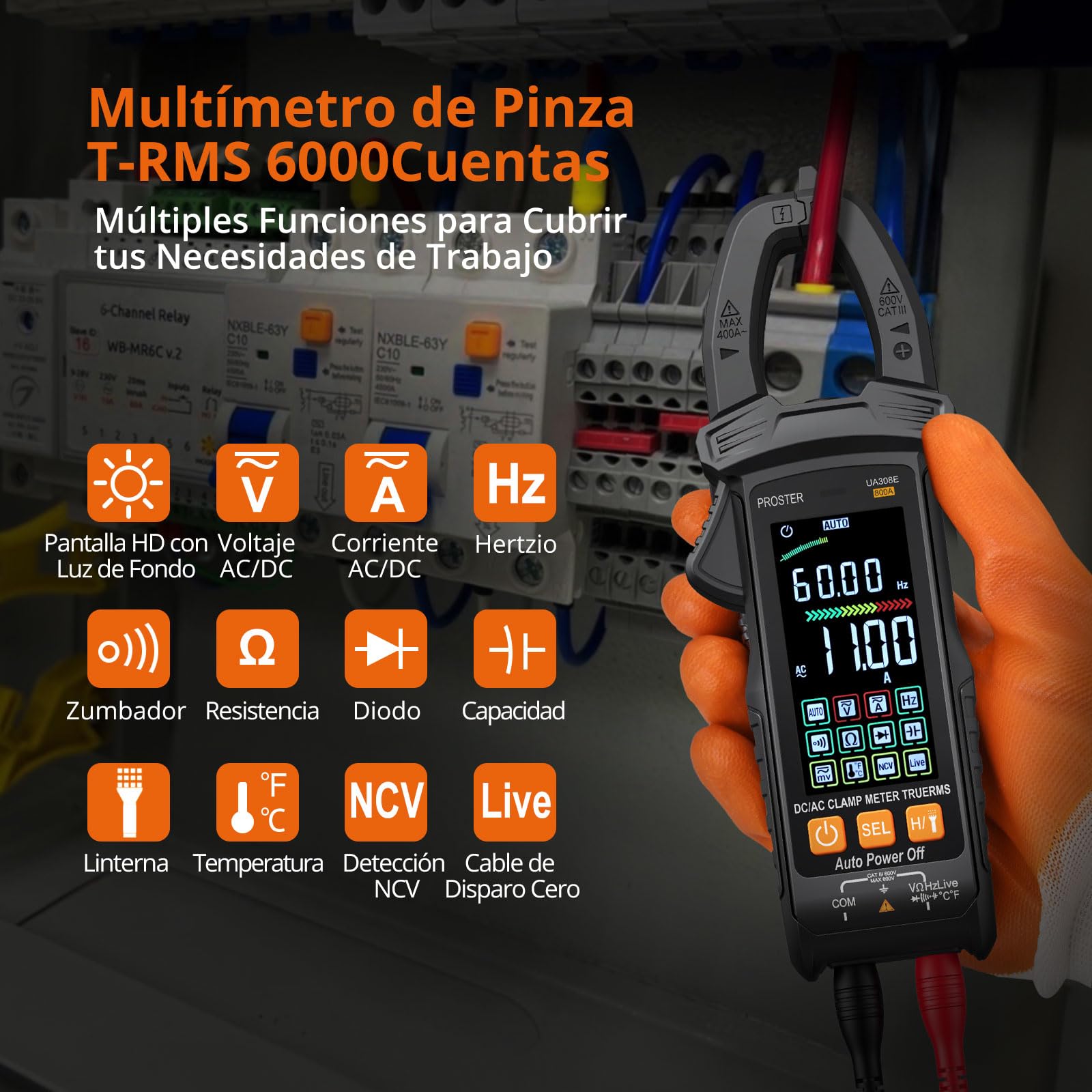 Proster Pinza Amperimétrica TRMS 6000 Cuentas - Medición de Corriente AC/DC 800A, Voltaje 600V, NCV, Resistencia, Diodo y Temperatura con Pantalla Grande y Bolsa de Almacenamiento