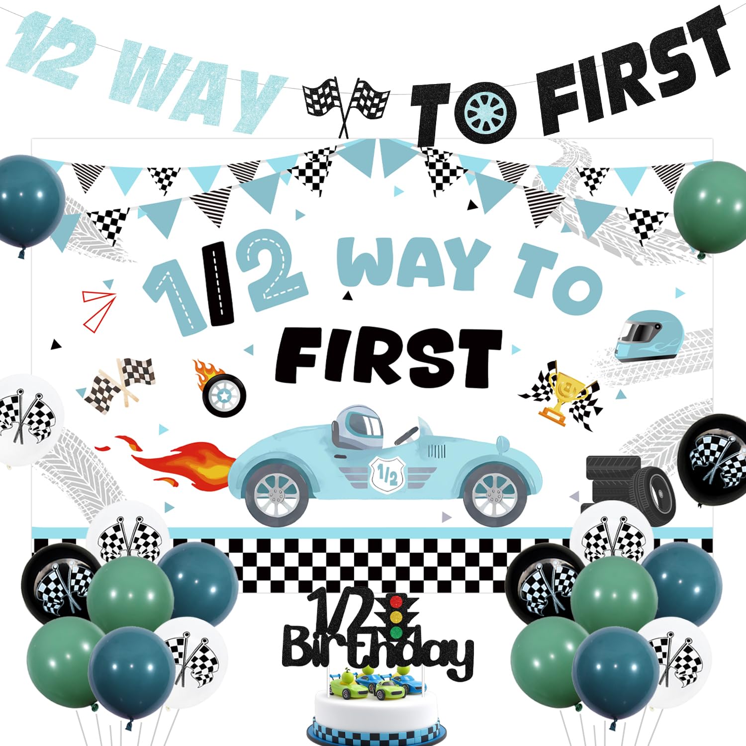 Racing Car Themed Half Birthday Decorations Blue 1/2 Way to First Backdrop Vintage Car Themed Glitter Banner Half Birthday Cake Topper Blue Latex