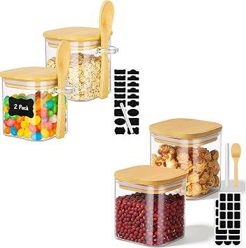Square Glass Jars Set of 4, Included 2 Pack 10oz Glass Jars with Bamboo Lids and Spoon, 2 Pack 12oz Pantry Storage Canisters with Lids, Sugar and Coffee Containers for Tea, Spice