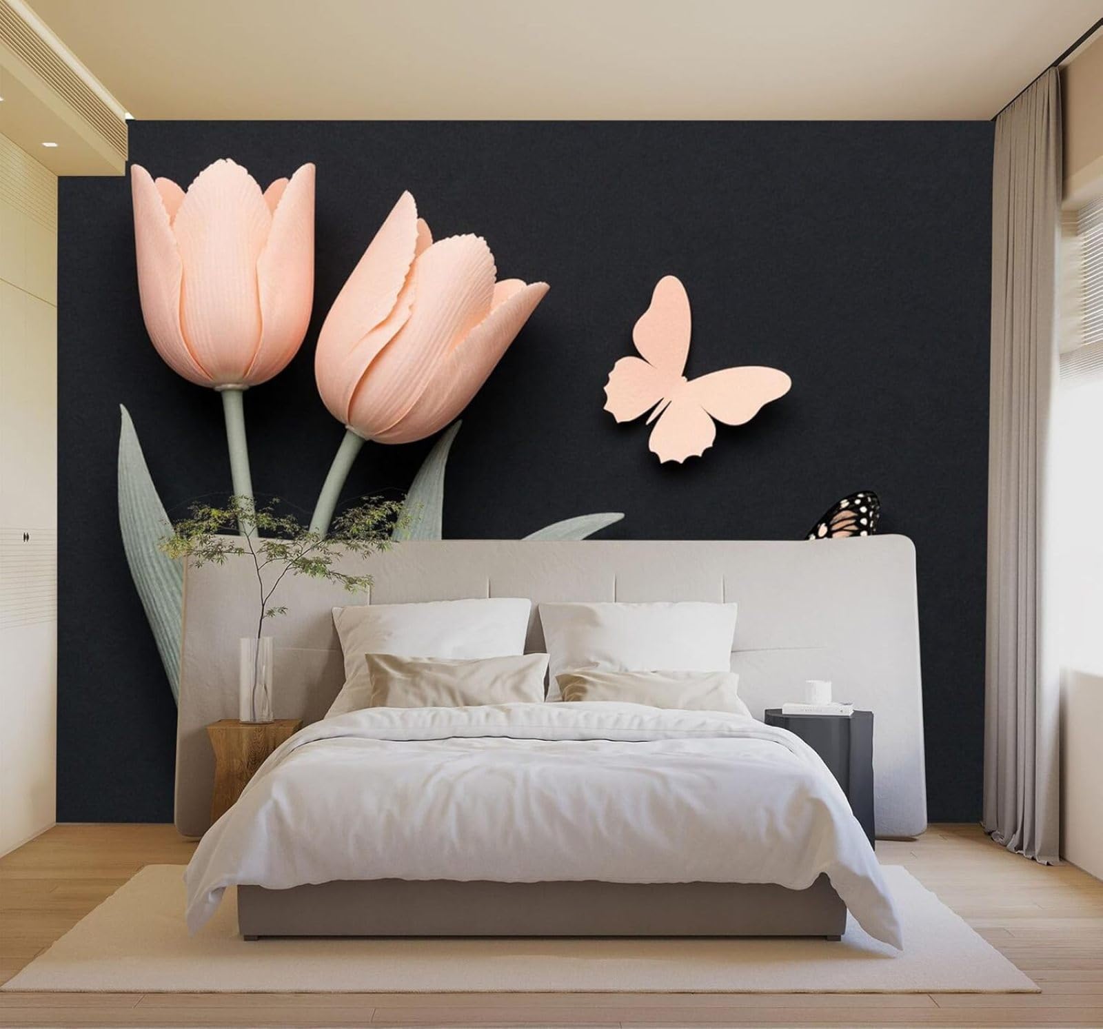 3D Papel Pintado Tricularia Tulipanes Rosas Mariposas Flores Elegantes Arte