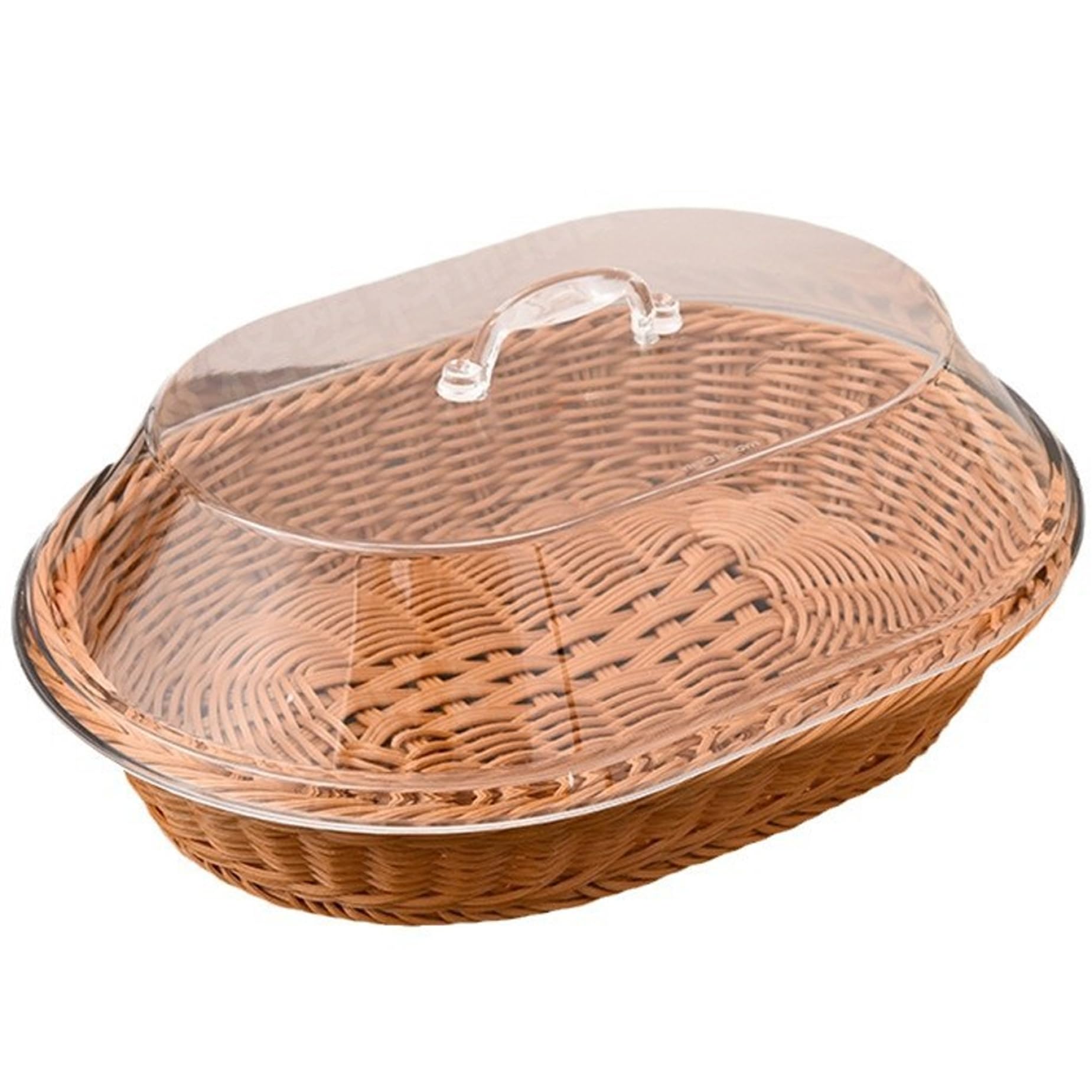 Faroby Bread Basket with Lid, 14x10x5.5 Oval Rattan Wicker Basket with Acrylic Cover Snack Candy Organizer Tray for Food Display Restaurant Bakery