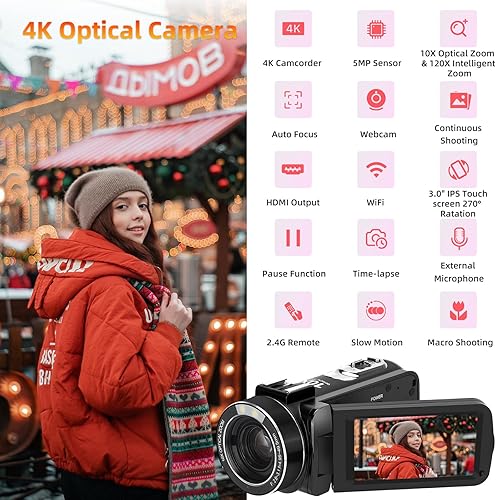 Miniatura 2 de Cámara de video 4K videocámara con zoom óptico de 10X y zoom inteligente de 120X, cámara de transmisión de video 4K 30MP WiFi YouTube de 3.0