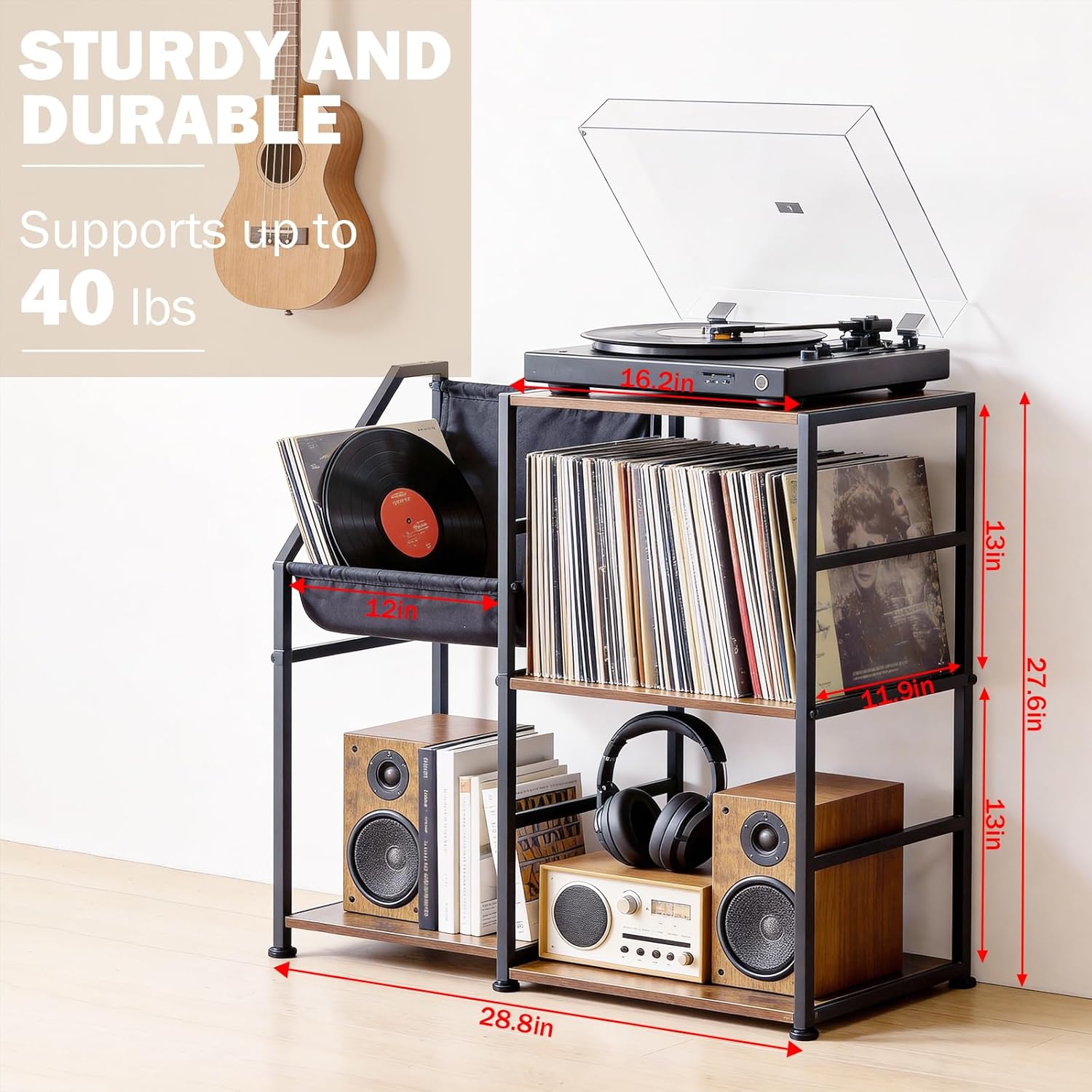 Uieke Record Player Stand with Vinyl Storage, 3-Tier Large Capacity Vinyl Record Storage Cabinet for 300+ Albums, Media Table with Vinyl Display Shelf & Turntable Stand for Living Room
