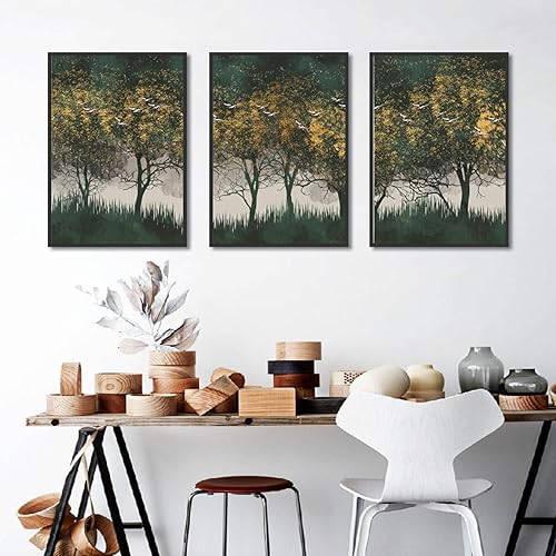 Miniatura 6 de Estilo nórdico, paisaje de bosque, pájaros voladores, punto dorado, luz de lujo, lienzo, imágenes artísticas de pared, carteles de decoración de