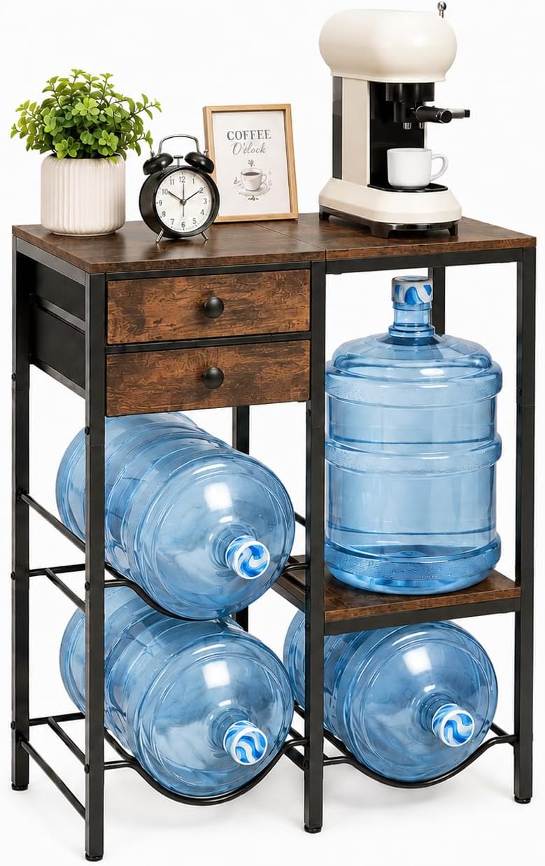 5 Gallon Water Jug Holder with 4 Slots, Water Dispenser Stand with Drawers & Wood Shelves, Heavy Duty Water Bottle Storage Rack for Coffee Station, Kitchen, Office, Home