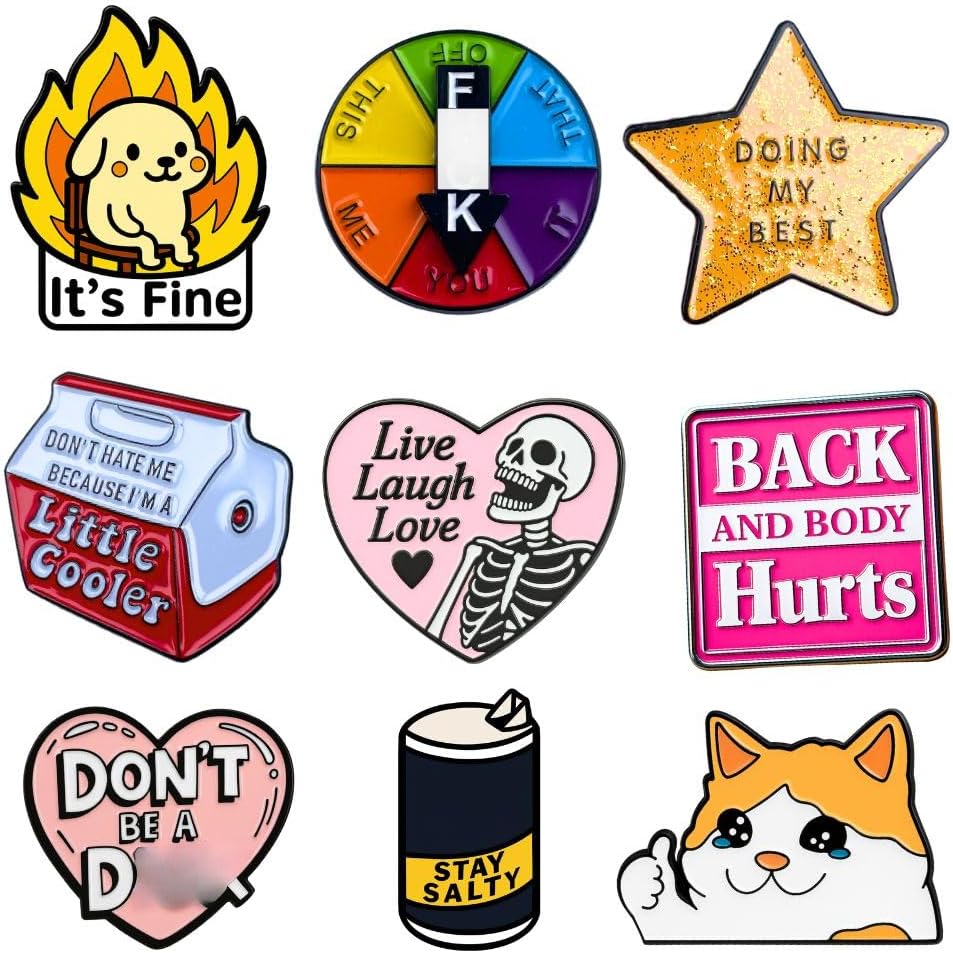 9PC Funny Enamel Pins Pack Cute Cool Fun Pin for Lapel Backpack Jacket Hat Bag Adult Teens Girls Boys, Small Buttons Unique Novelty Mood Assorted Cartoon Cheap Bulk Craft Supply Accessories Gifts