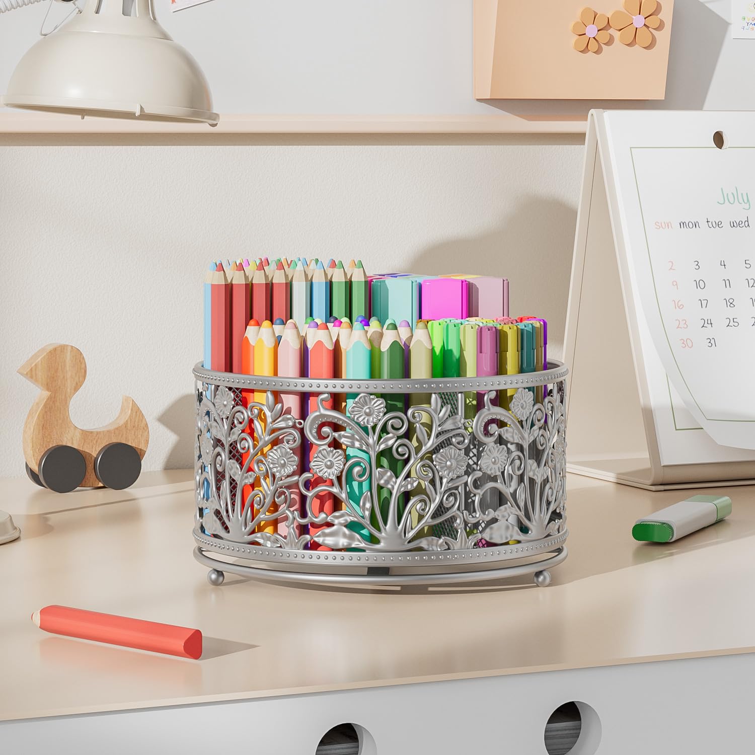 EKNITEY Stiftehalter für den Schreibtisch – Drehbarer Bleistiftbecher-Organizer, niedlicher Schreibtisch-Caddy mit 4 Steckplätzen für Kunstbedarf, Schule, Zuhause