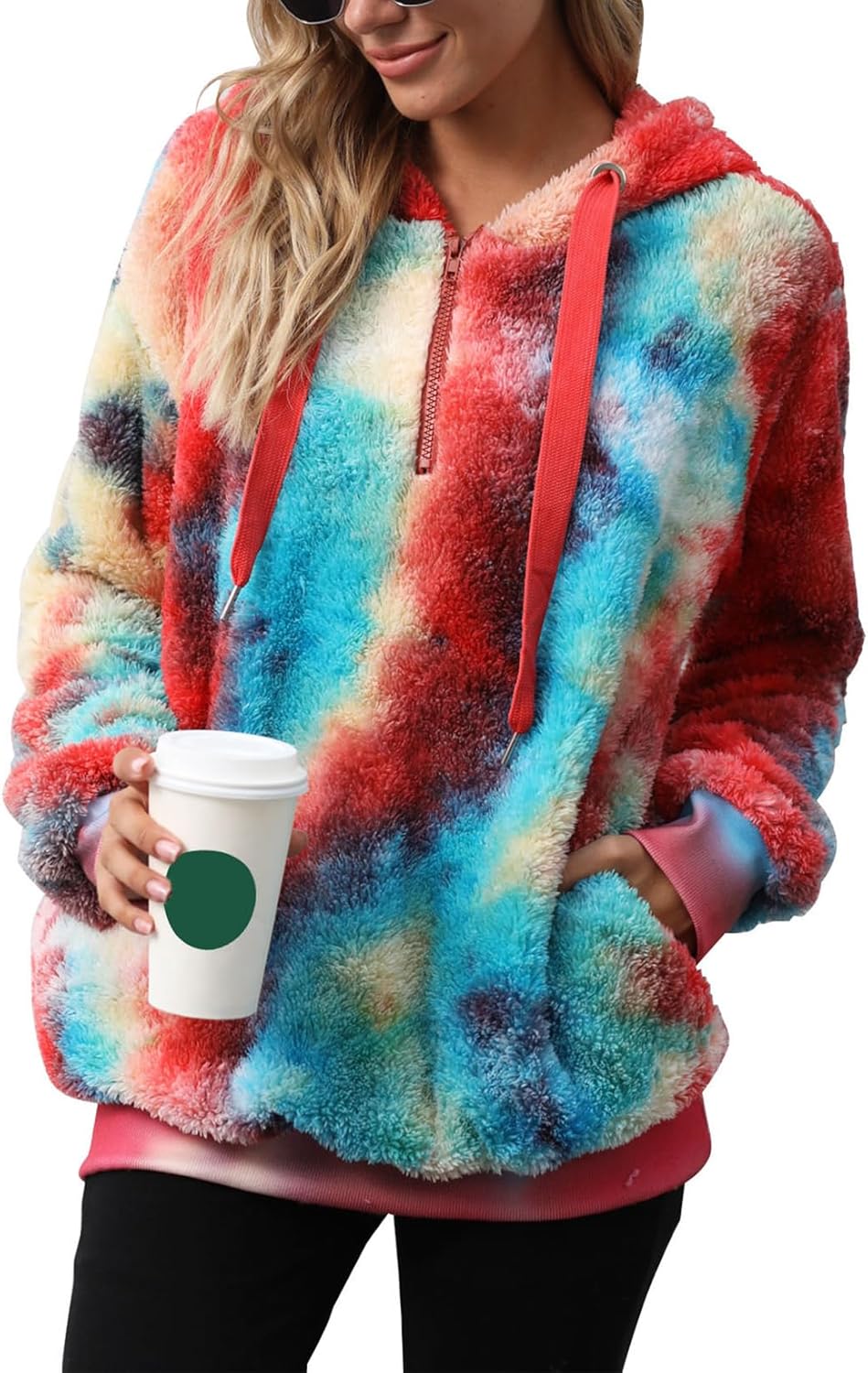 Nirovien Womens Sherpa Pullover Oversized Fuzzy Hoodie Double Fleece Sweatshirts Fluffy Plaid Outerwear Warm Coats - Image 4