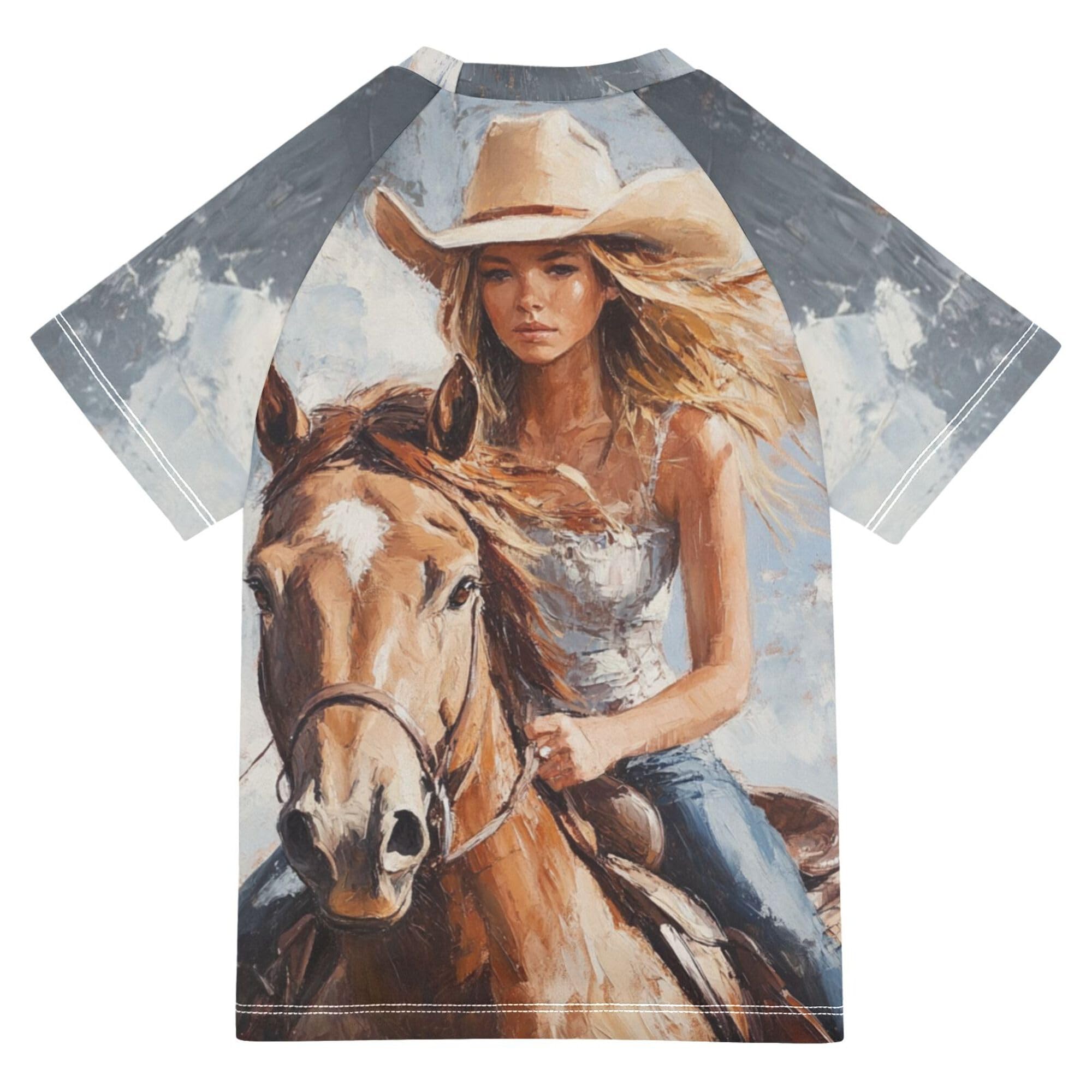 Western Cowgirl Horse Girls Bathing Suit UV Protection Girls Rash Guard Top Swimwears Tshirts for Big Boy 9-10Y