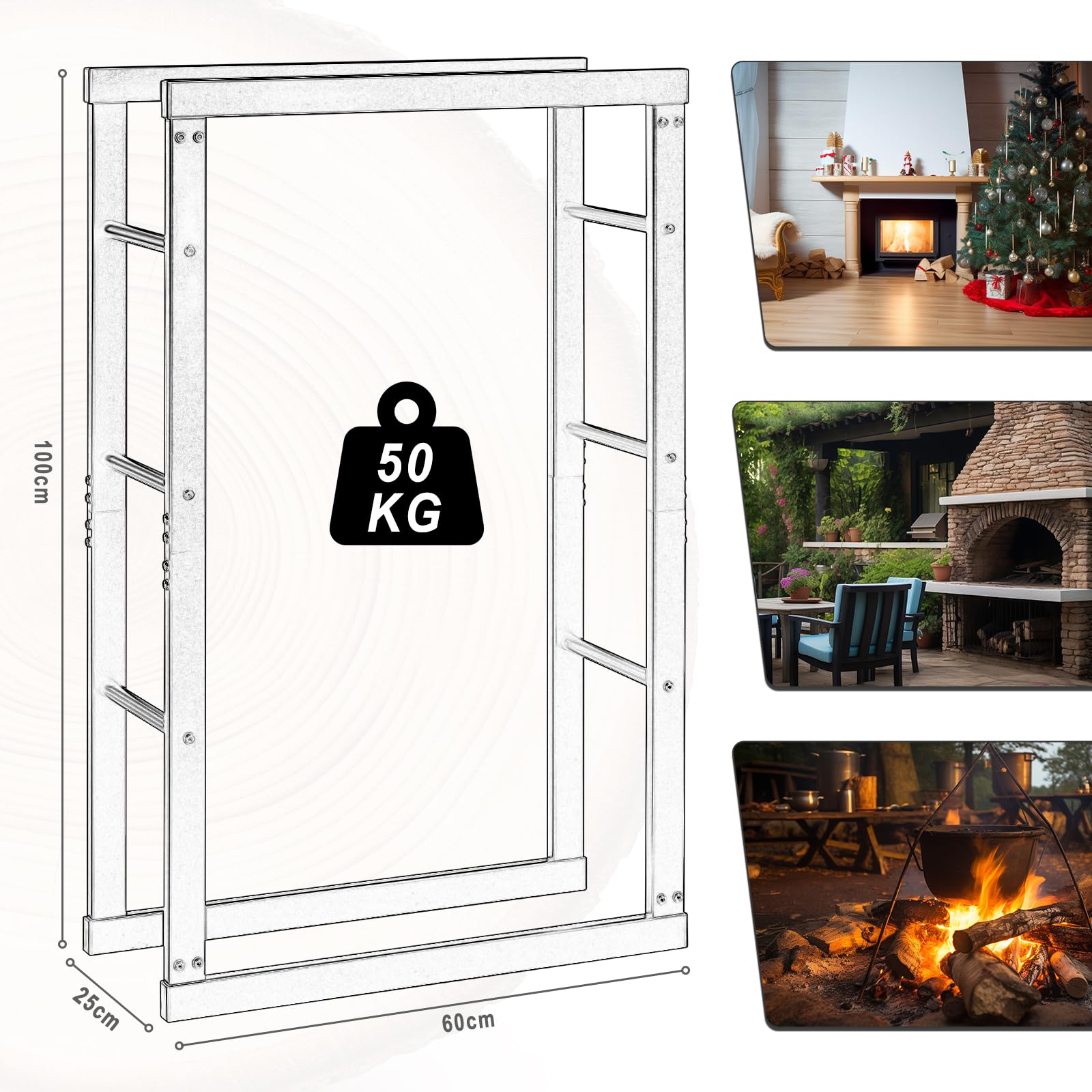Laneetal Soporte para Leña, 60x25x100 cm, Estante para Leña de Chimenea, Leñero Interior y Exterior de Metal, Estanteria de Almacenamiento de Madera, Negro