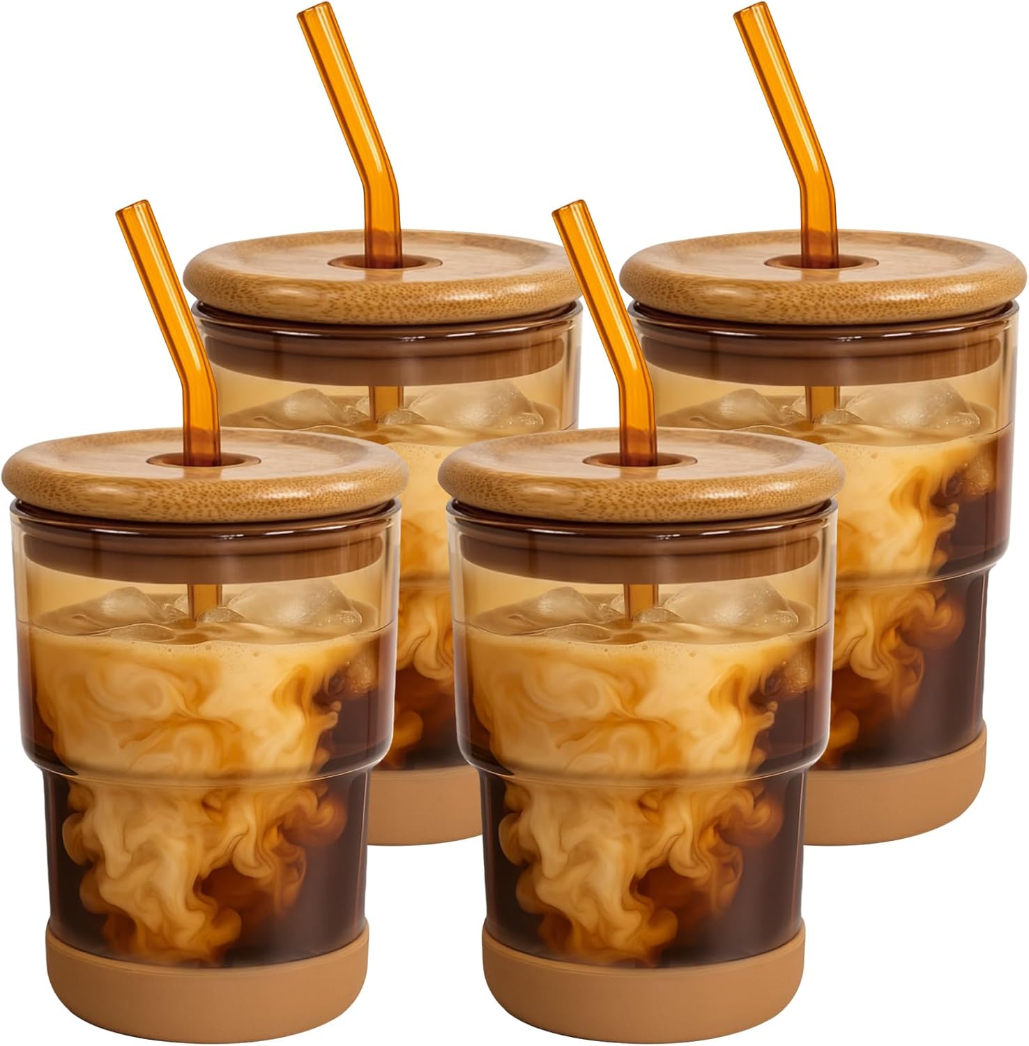 Zukro 13 oz Glass Iced Coffee Cups with Bamboo Lid and Straw, Zero Plastic, Glass Tumbler With Silicone Bottom for Ice Tea, Thick Wall Water Glasses for Office/Home/Work, ECO Friendly, Amber 4 Pack