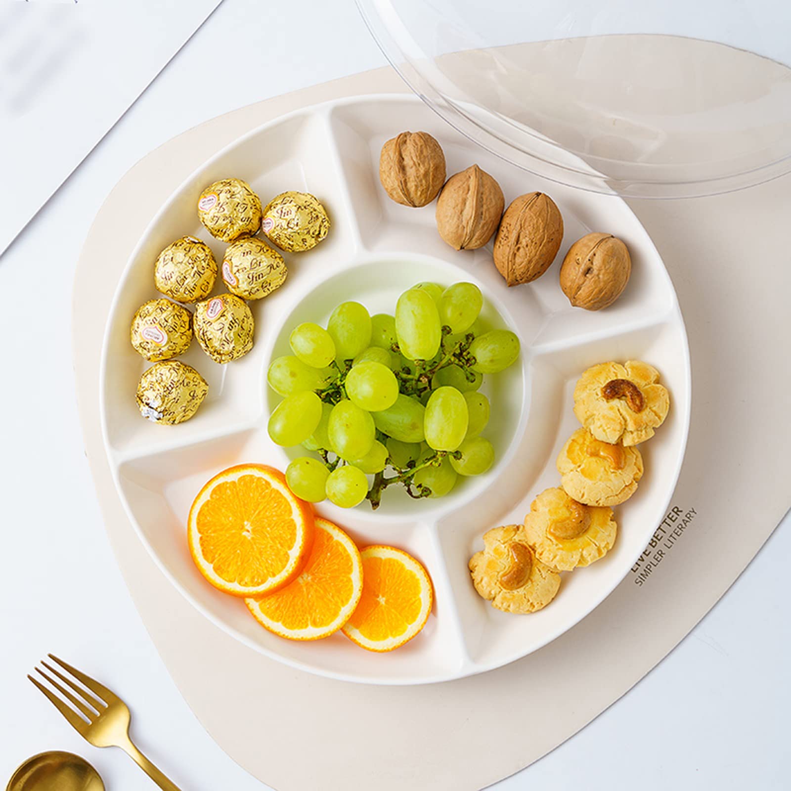 Copertura per Alimenti, Campana Coperchio Microonde,Vassoio per frutta con coperchio a cupola, vassoio separato in melamina bianca con coperchio in plastica trasparente, caramelle, biscotti,