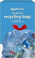 Amazon Basics 13 Gallon Blue Recycling Drawstring Trash Bags, Unscented Tall Kitchen, 60 Count