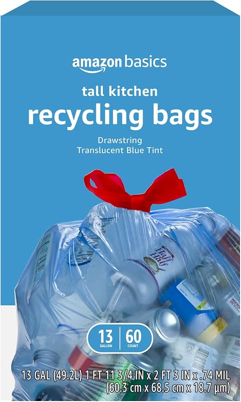 Amazon Basics Bolsas de basura con cordón de reciclaje azul, cocina alta, sin perfume, 13 galones, 60 unidades