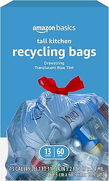 Amazon Basics Blue Recycling Drawstring Trash Bags, Tall Kitchen, Unscented, 13 Gallon, 60 Count