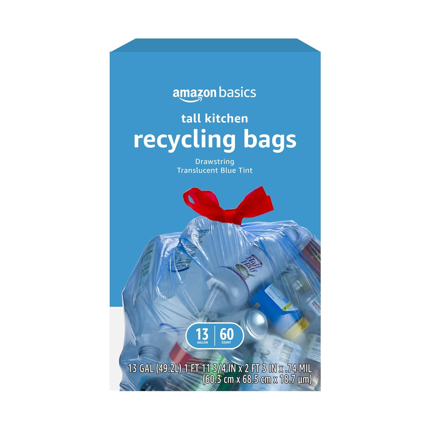 Amazon Basics Blue Recycling Drawstring Trash Bags Tall Kitchen Unscented 13 Gallon 60 Count