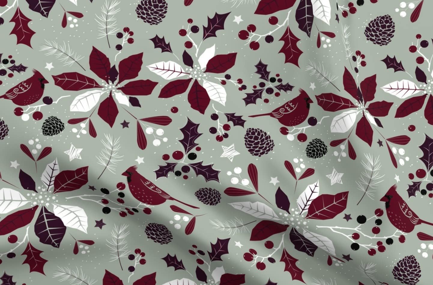 Spoonflower Fabric - Holiday Elegant Christmas Cardinal Berries Winter Cone Floral Stars Printed on Minky Fabric by The Yard - Sewing Baby Blankets Quilt Backing Plush