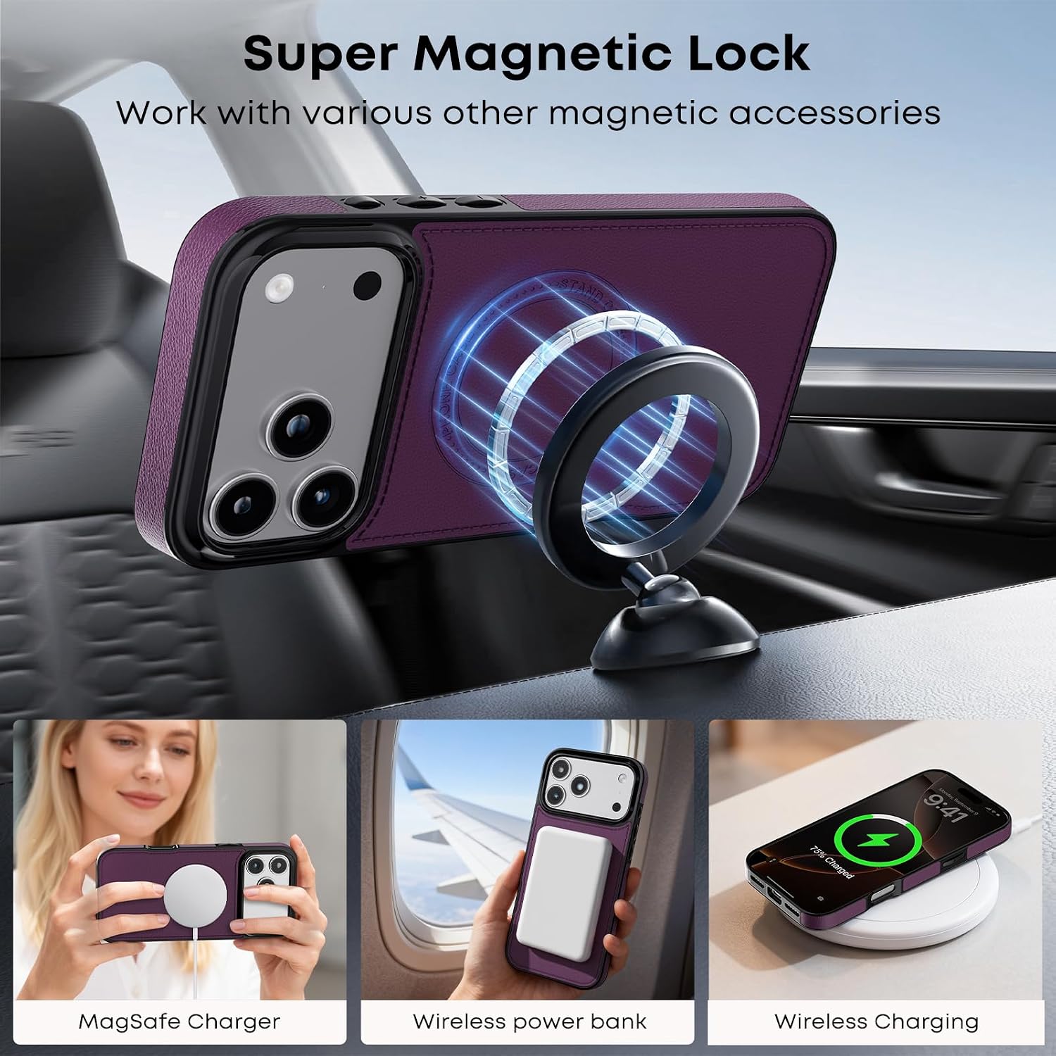 DREAMME Phone Case for iPhone 17 Pro Max Wallet Case Card Holder, RFID Blocking, Kickstand, Shockproof, Compatible with Magsafe 2 in 1 Detachable Phone Cover for Women Men, Purple image 2