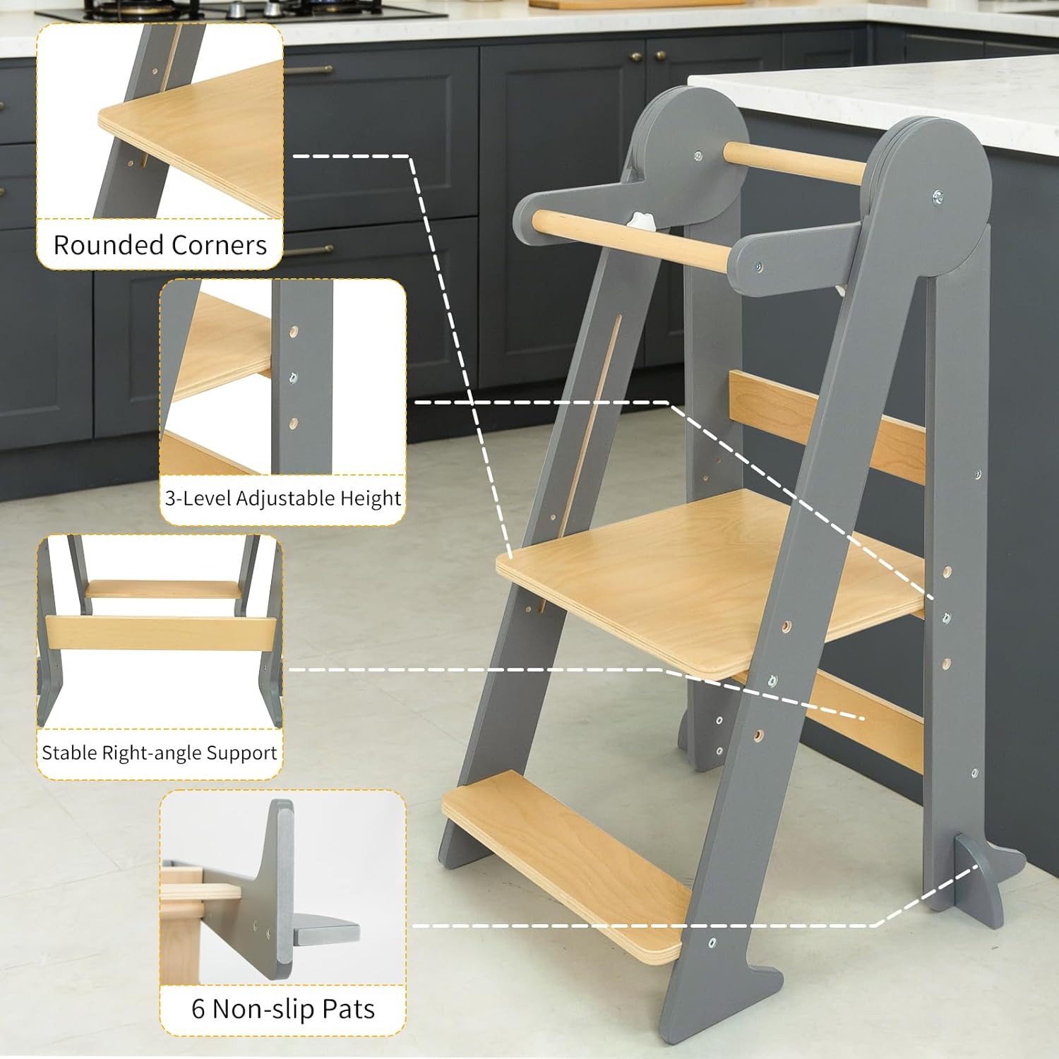 Foldable Toddler Learning Standing Tower, Kitchen Tower for Kid with 3 Adjustable Heights, Montessori Toddler Standing Tower for Kitchen Counter and Bathroom Sink (Deep Gray)