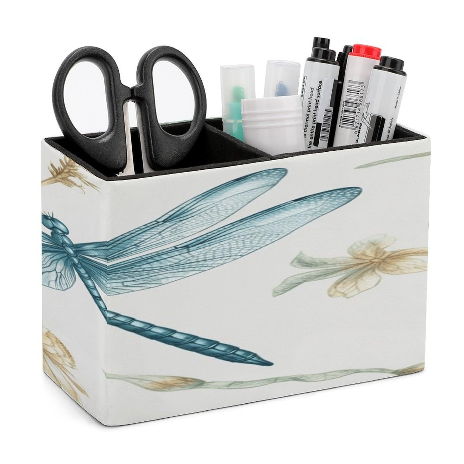 VstaDank Dragonfly Pencil Holder for Desk Organizer 2 Compartments Pen Cup Leather Square Pen Holder Pencil Cup Stand Makeup Brush Holders for Desktop Organizer Storage Case